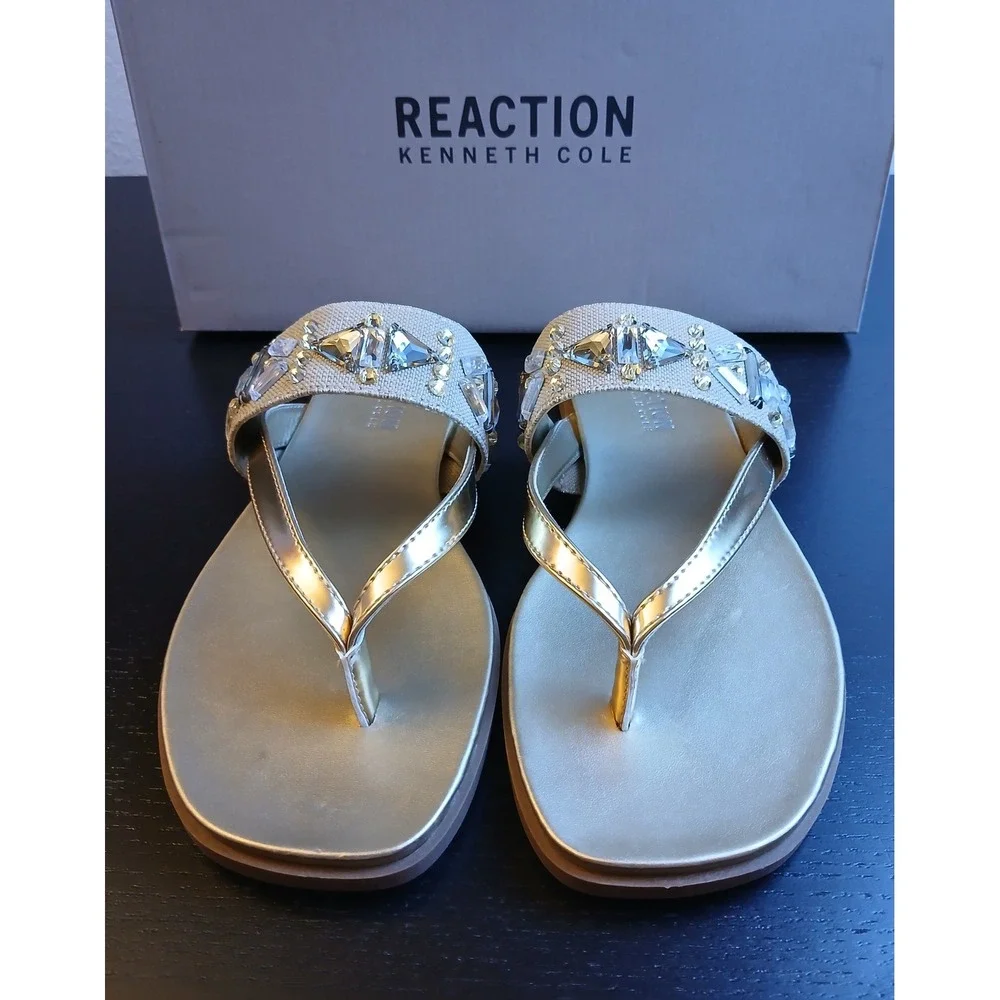 Kenneth Cole Reaction Winni Soft Gold Crystal Thong Flat Sandals Womens Size 7